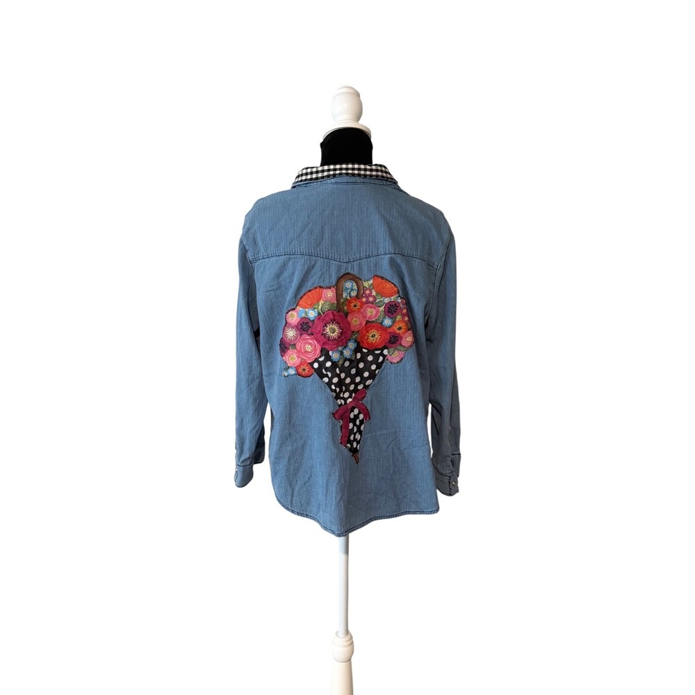 A.N.A Denim‎ Floral Embroidery Grandma core PXL Petite Blue Gingham Trim Western